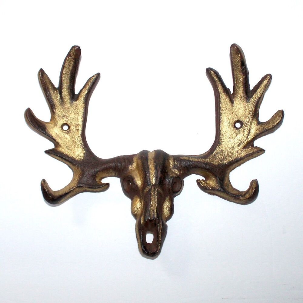 Deer Skull Antler Cast Iron wall hanger hook lodge decor